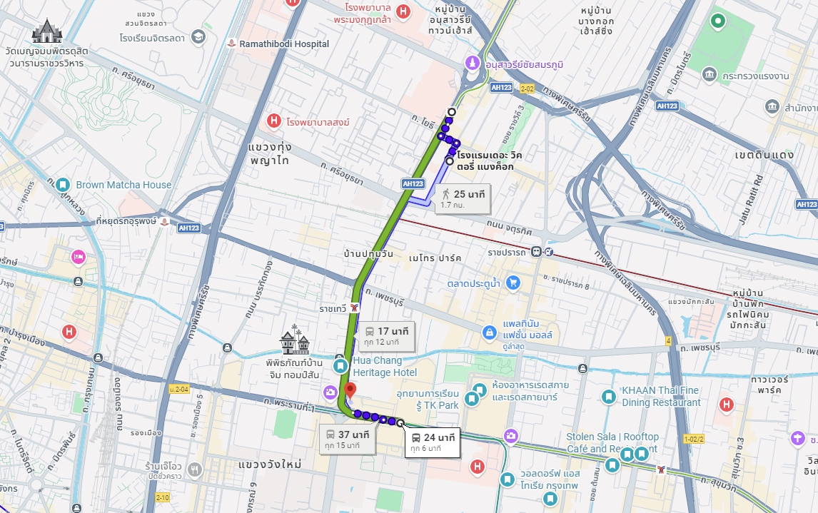 แผนที่การเดินทางจากโรงแรมไปห้างสรรพสินค้าสยามดิสคัฟเวอรี่