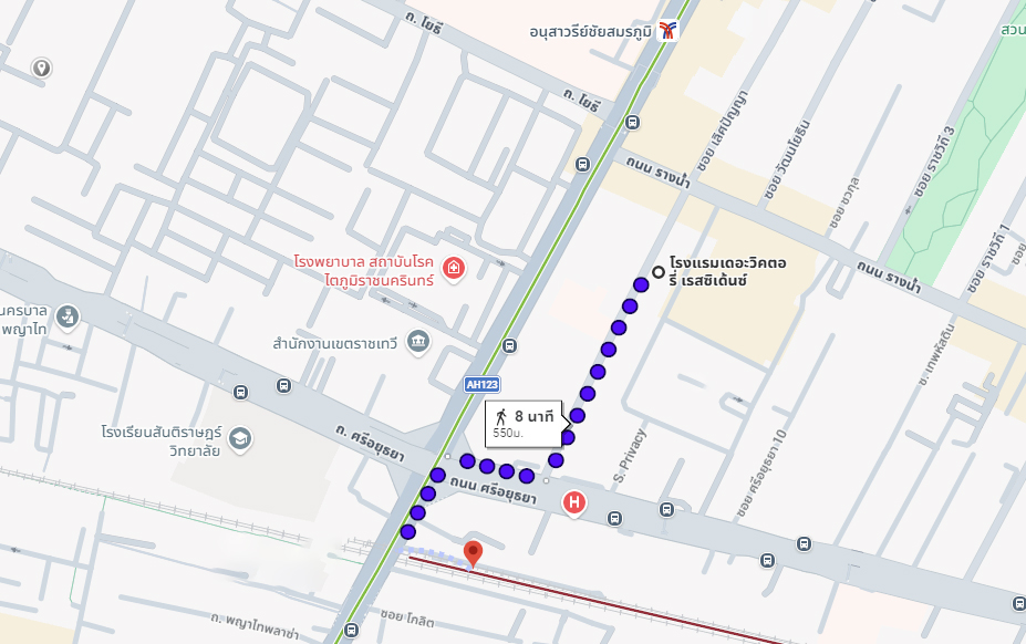 ดูแผนที่การเดินจากสถานีแอร์พอร์ต เรล ลิงก์ (Airport Rail Link) พญาไท บน Google Map